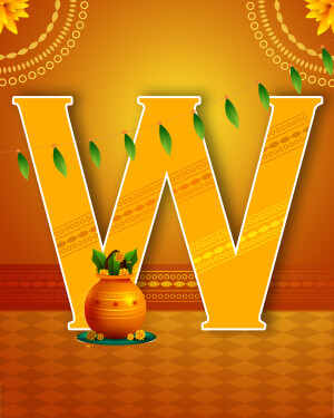 Letter W decorated with Onam floral designs and a traditional pot.