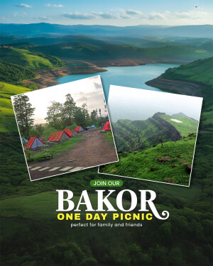 Scenic landscape with a lake, hills, and camping tents promoting a one-day picnic.