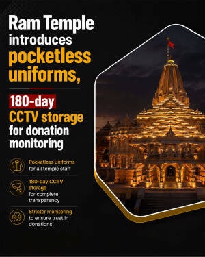 Infographic showing Ram Temple new policies including pocketless uniforms and 180-day CCTV storage