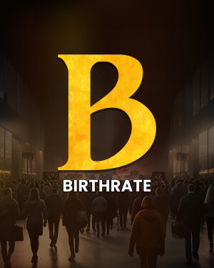 Movie poster for Birthrate featuring a large golden 'B' and blurred figures in the background.