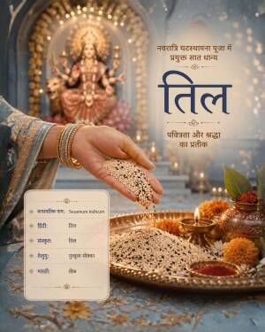 A hand holding sesame seeds during Navratri Ghatasthapana puja