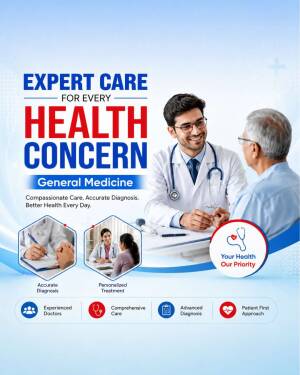 A doctor interacting with a patient in a medical consultation setting with text about expert care.
