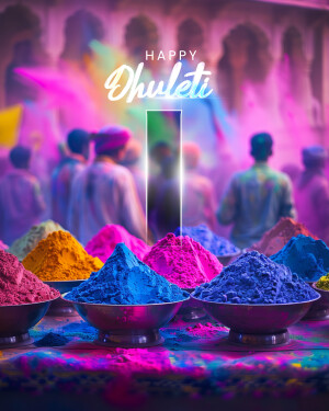 Colorful powder piles and blurred people celebrating Dhulandi, the festival of colors.