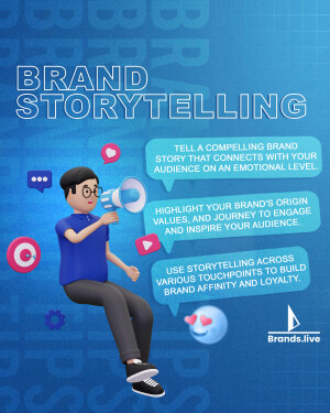Illustration of a man with a megaphone announcing brand storytelling with supporting graphics.