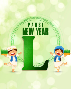 Illustration of children celebrating Parsi New Year with a large letter 'L'