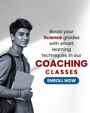 A student with a backpack and laptop promoting science coaching classes.