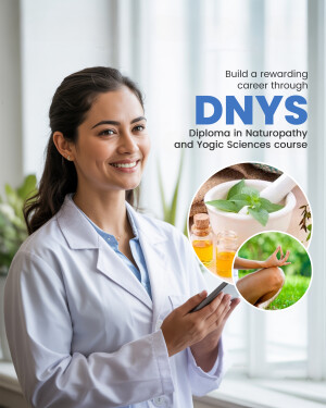 Woman in a white coat holding a smartphone with DNYS course information and related imagery.