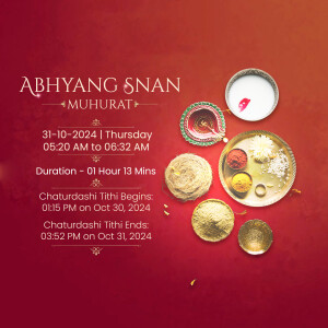 Image depicting Abhyang Snan Muhurat with puja thali and auspicious timings.