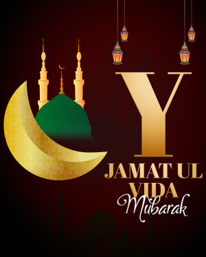 Islamic greeting card with crescent moon, mosque, and the text 'Jamat Ul Vida Mubarak'
