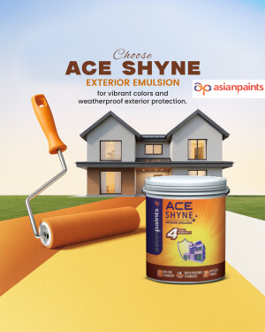 Asian Paints Ace Shyne exterior emulsion paint with a house and roller