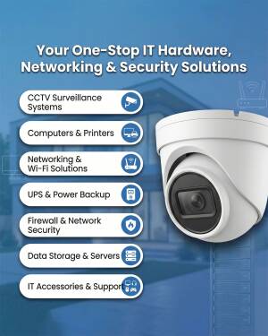 CCTV camera next to a list of IT services including networking, computers, and security