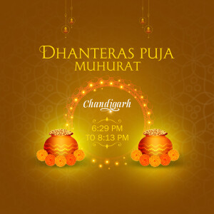 Dhanteras Puja Muhurat for Chandigarh with time and decorative elements