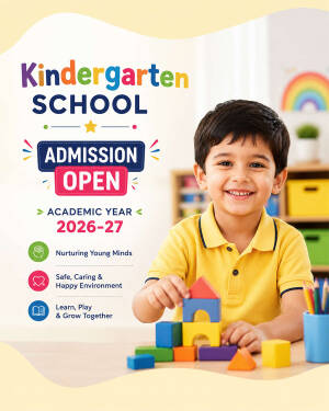 A smiling boy playing with colorful building blocks for kindergarten school admission advertisement