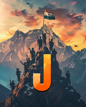 Indian soldiers silhouetted against a vibrant sunset with the Indian flag and a large letter 'J'