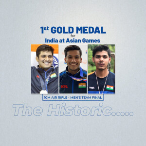 Three Indian athletes celebrating a gold medal win in 10m Air Rifle at the Asian Games.