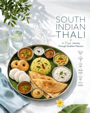 A beautifully presented South Indian thali featuring rice, idli, vada, sambar, and chutneys on a banana leaf