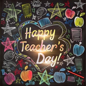 Chalkboard illustration with 'Happy Teacher's Day!' message and school doodles
