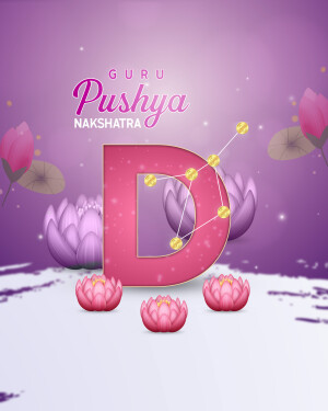 Image depicting Pushya Nakshatra with a large letter 'D' and lotus flowers.