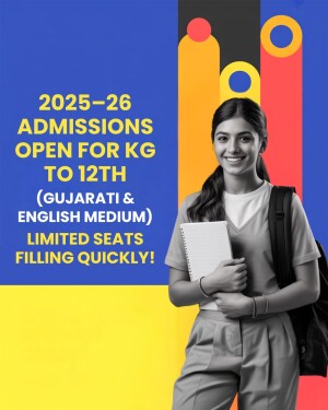 A student promoting school admissions for KG to 12th grade in Gujarati and English medium.