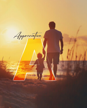 Silhouette of a father and child walking hand-in-hand towards the sunset with a large letter 'A' in the foreground.