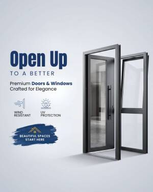 Modern dark frame glass doors and windows with Wind Resistant and UV Protection labels.