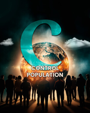 A large letter 'C' encompassing the Earth, with silhouetted people looking towards it, and the text 'CONTROL POPULATION'.