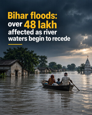 A family rowing a small wooden boat through floodwaters in Bihar with submerged houses in the background.