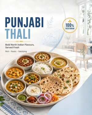 A beautifully arranged North Indian Punjabi Thali with various curries, rice, naan, and sides on a white tray.