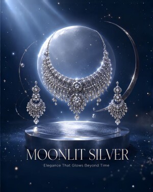 A luxury silver necklace and earring set displayed on a pedestal against a moonlit night sky background.