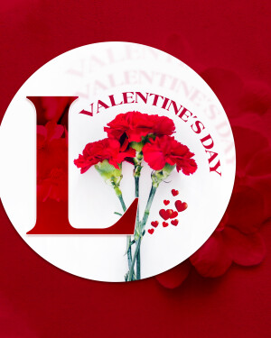 Red carnations and a letter 'L' on a white plate with Valentine's Day theme