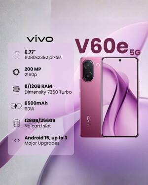 Vivo V60e 5G smartphone showing its design, display, and key technical specifications