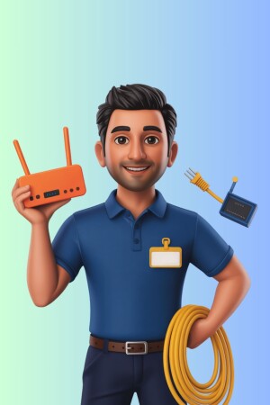 Cartoon illustration of a network technician holding networking equipment.