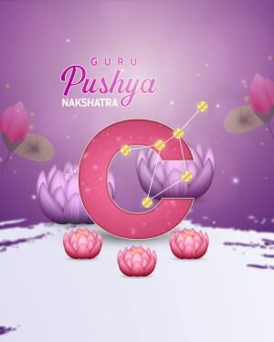 Image depicting the Pushya Nakshatra with a large letter 'C' and lotus flowers.