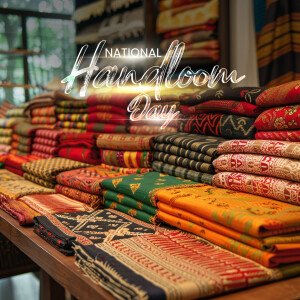 A vibrant display of colorful handloom fabrics celebrating National Handloom Day.