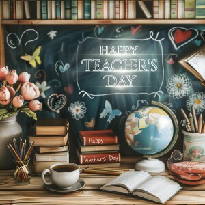 A chalkboard with 'Happy Teacher's Day' written on it, surrounded by books, flowers, and school supplies.