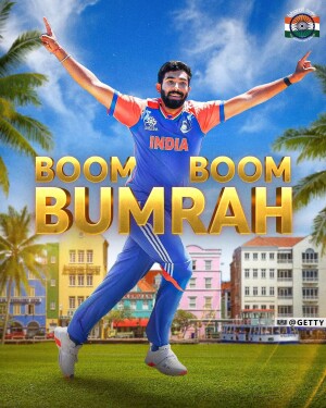 Jasprit Bumrah in Indian cricket jersey with 'Boom Bumrah' text