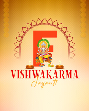Vishwakarma Jayanti greeting with Lord Vishwakarma and the letter 'F'