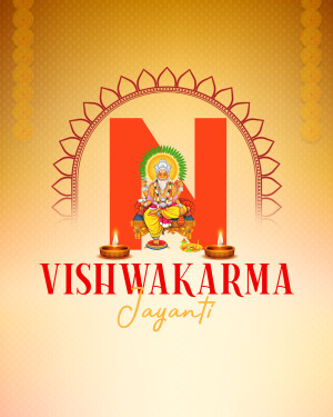 Vishwakarma Jayanti greeting with Lord Vishwakarma and the letter 'N'