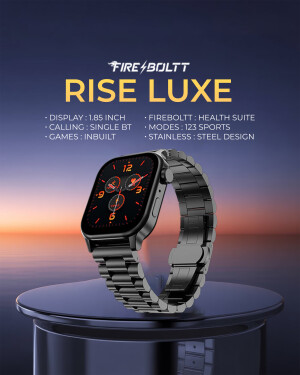 Fire-Bolt Rise Luxe Smartwatch with stainless steel band on a pedestal