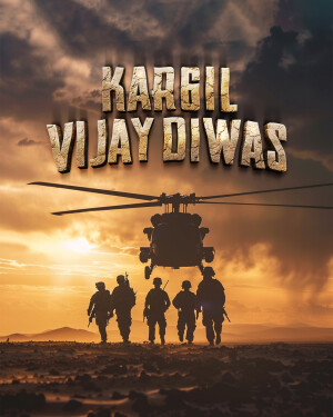 Kargil Vijay Diwas poster with soldiers and a helicopter silhouette against a sunset backdrop.