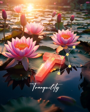 Pink lotus flowers floating on water with a red crystal and the word 'Tranquility'