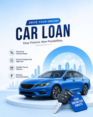 Blue sedan car on a platform with a car key, promoting easy car loan services.