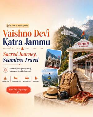 Scenic view of Vaishno Devi Katra Jammu with a travel backpack, hat, and camera on a stone wall