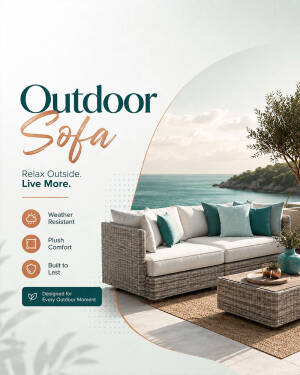 A modern, comfortable outdoor sofa set with plush cushions placed on a deck overlooking the ocean.