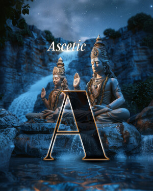 Digital art of two meditating ascetics with a large letter 'A' in the foreground.