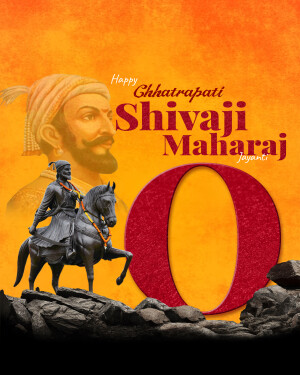 Image of Chhatrapati Shivaji Maharaj on horseback with a large '0' and festive text.