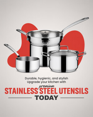 Set of stainless steel pots and pans with a red abstract background