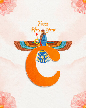 Illustration of a Parsi figure with the letter 'C' and floral elements for Nowruz