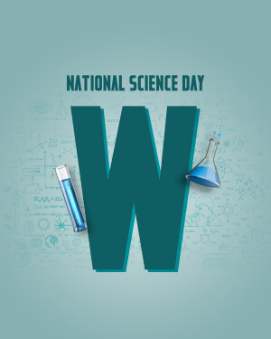 National Science Day graphic with a large letter 'W' and science equipment