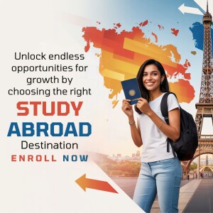 Young woman holding a passport with the Eiffel Tower and a world map in the background, promoting study abroad programs.